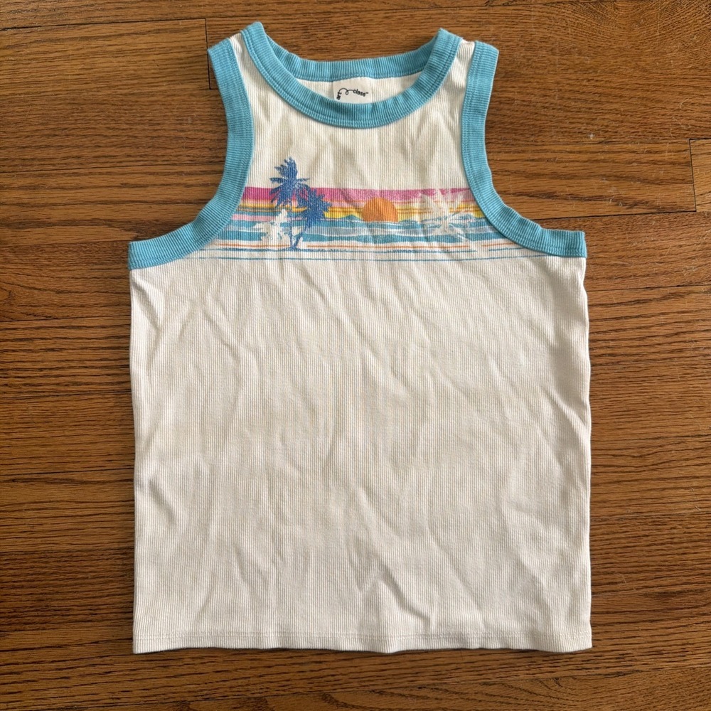 Art‎ Class Girls Size L 10/12  High Neck Ribbed Tank White Teal Sunset Graphic